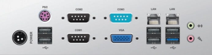 5 پورت USB 2.0 و 1 پورت USB 3.0 و 2 پورت LAN و 1 پورت VGA و 3 پورت COM و 1 پورت PS/2